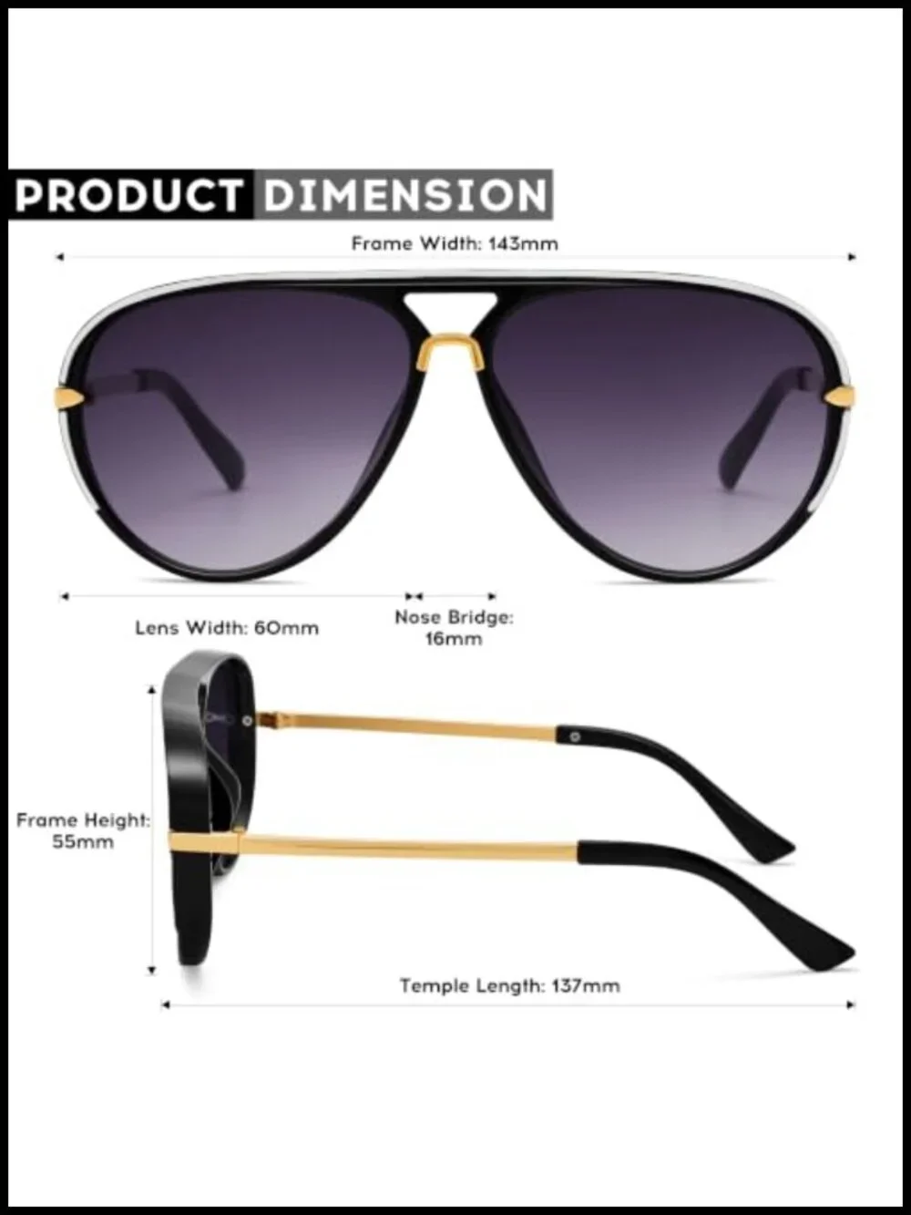 Gold Plated Oversized Aviator Sunglasses Double Bridge UV400 Unisex